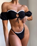   Black Bikini Bandeau Women Short Sleeves Swimwear Swimsuit Bikinis Set Bathing Suit Beach Bikini Female White Rufflebi