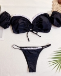   Black Bikini Bandeau Women Short Sleeves Swimwear Swimsuit Bikinis Set Bathing Suit Beach Bikini Female White Rufflebi