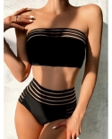 بيكيني العصابة النساء الأسود شبكة مجوفة عالية الخصر ملابس السباحة الشاطئ البيكينيات مجموعة المايوه البيكيني الذيل هوت