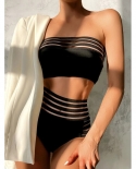 بيكيني العصابة النساء الأسود شبكة مجوفة عالية الخصر ملابس السباحة الشاطئ البيكينيات مجموعة المايوه البيكيني الذيل هوت