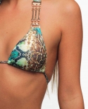  New  Bikini Women One Piece Swimwear Swimsuit Female Snakeskin Halter Bikini Set Bathing Suit Metal Accessories Bandage
