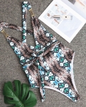  New  Bikini Women One Piece Swimwear Swimsuit Female Snakeskin Halter Bikini Set Bathing Suit Metal Accessories Bandage