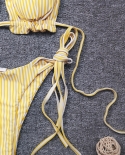   Bikini Bandeau Women Yellow Striped Pleated Hollow Swimwear Swimsuit Female Beach Bikinis Set Bathing Suit Multi Ropes