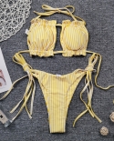 بيكيني العصابة النساء الأصفر مخطط مطوي الجوف ملابس السباحة الإناث الشاطئ البيكينيات مجموعة المايوه الحبال متعددة