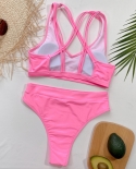   Pink Bikini Women High Waist Cross Double Straps Swimwear Swimsuit Female Bikinis Set Bathing Suit Bikini Taille Haute