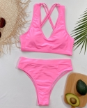   Pink Bikini Women High Waist Cross Double Straps Swimwear Swimsuit Female Bikinis Set Bathing Suit Bikini Taille Haute