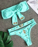   Green Bikini Women Bow Knot Bandeau High Waist Crystal Diamond Swimwear Swimsuit Female Beach Bikinis Set Bathing Suit