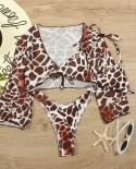   Bikini Set 3 Piece Swimwear Swimsuit Women Tie Dye Leopard Long Sleeve Bikinis Set Bathing Suit Beach Female 4 Colorsb
