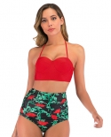  Bikini Bandeau Detachable Halter High Waist Push Up Swimwear Swimsuit Women Bikini Set Bathing Suit Female Dot Flower P