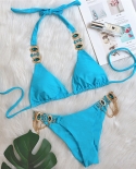   Bikini Women Sky Blue Luxe Crystal Diamond Metal Chain Swimwear Swimsuit Female Halter Beach Bikinis Set Bathing Suitb
