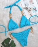   Bikini Women Sky Blue Luxe Crystal Diamond Metal Chain Swimwear Swimsuit Female Halter Beach Bikinis Set Bathing Suitb