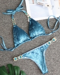  New  Solid Bikini Women Velour Fabric Crystal Diamond Halter Swimwear Swimsuit Female Bluepink Bikini Set Bathing Suit