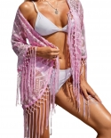 Women Casual Cover Ups Outfits Female Summer Beach Blouse With Tassels Solid Half Sleeve Loose Cover Up Swimwearcoverup