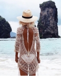 Women Lace Solid Beach Dress Bikini Cover Up Summer Bathing Suit Hallow Out Crochet Swimwear One Sizecoverup