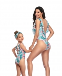 Mom Daughter Swimming Bodysuit  V Neck Ruffles Parent Child Romper Sleeveless Backless Tight One Piece For Girls Womenm