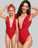Mom Daughter Swimming Bodysuit  V Neck Ruffles Parent Child Romper Sleeveless Backless Tight One Piece For Girls Womenm