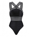 ملابس السباحة المرقعة أسود مخطط قطعة واحدة عبر الأشرطة الكتف ضمادة بيكيني رفع E رومبير ثوب السباحة Sxxl بيكيني