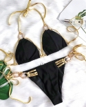 Bikini   Backless Golden Rhinestone Metal Strap Hollow Swimwear Swimsuit Women Halter Bikinis Set Bathing Suit 4 Colorsb