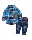 Conjunto de roupas masculinas manga longa camisa xadrez azul suspensórios jeans casuais roupas infantis para menino conjunto ter