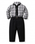 Black  White Plaid Boys Outfits Gentleman Lapel Long Sleeve Shirt With Solid Pants Suspender Bow Children Birthday Set 