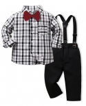 Black  White Plaid Boys Outfits Gentleman Lapel Long Sleeve Shirt With Solid Pants Suspender Bow Children Birthday Set 