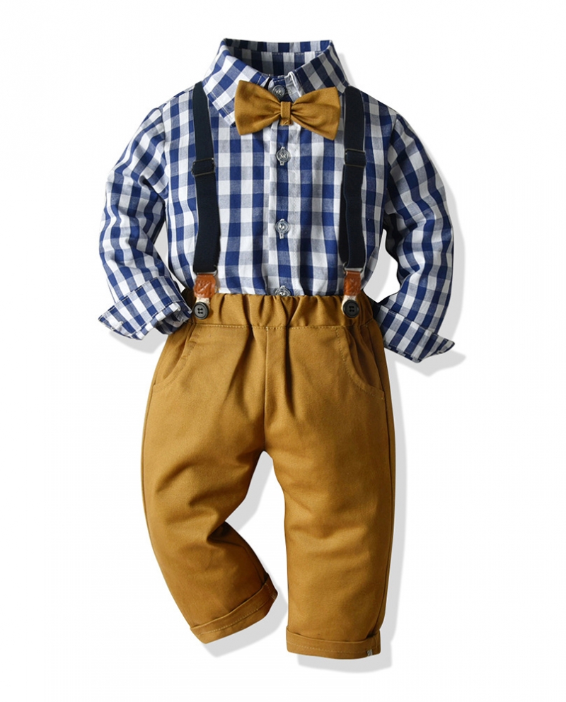 Roupas de menino com alça xadrez azul manga longa cavalheiro com calças sólidas arco crianças primavera outono roupas para 1 2 3