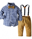 Roupas de menino com alça xadrez azul manga longa cavalheiro com calças sólidas arco crianças primavera outono roupas para 1 2 3