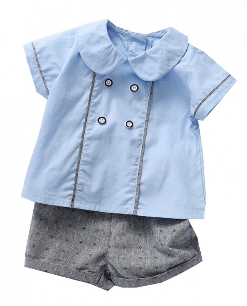 Conjunto de roupas estilo espanhol sólido para meninos azul manga curta com gola Peter Pan 1 2 3 4 5 anos crianças verão Da