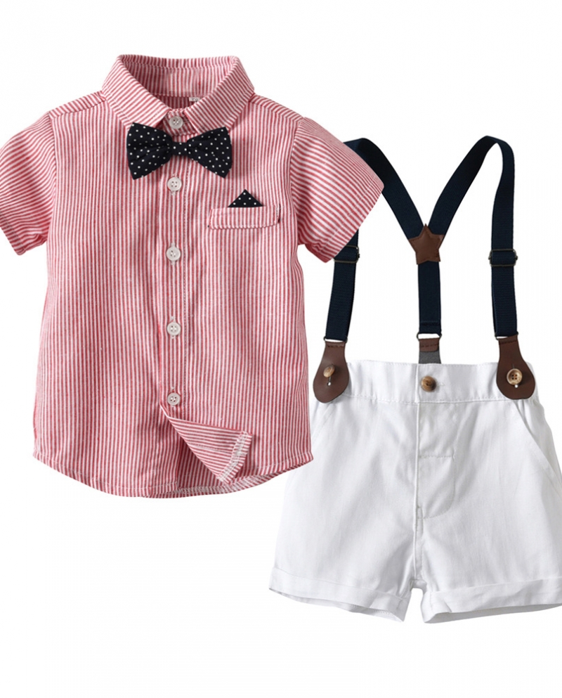 Conjunto de roupas de cavalheiro para bebê menino terno de verão para criança camisa listrada com laços suspensórios calções bra