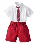 Caballero encantador 2 7 años niños ropa algodón sólido solapa camiseta pantalones cortos rojos con corbata a rayas niños boda B