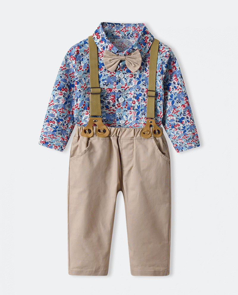 26,60 US$-Traje de algodón de 3 piezas, ropa de flores para niños, camisa  de manga larga para niños pequeños con cinturón de pantalones ca-Description