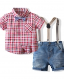Conjunto de ropa de verano para niños, camisa de manga corta con solapa a cuadros para niños, traje de pantalones cortos de mezc