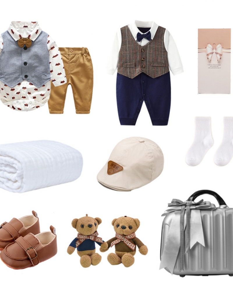 Baby Boys Boutique Luxury Full Moon Gift Newborn Cute Bears Formal Cotton Birthday Outfits Infant Exquisite Suitcase 12 