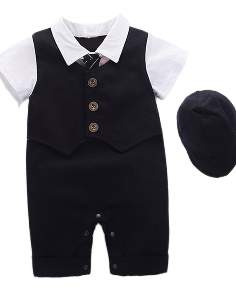 Baby Clothes Newborn Rompers For Boy Fake Vest Short Sleeve Romper With Hat Summer Formal Suit Baby Giftrompers