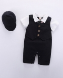 Baby Clothes Newborn Rompers For Boy Fake Vest Short Sleeve Romper With Hat Summer Formal Suit Baby Giftrompers