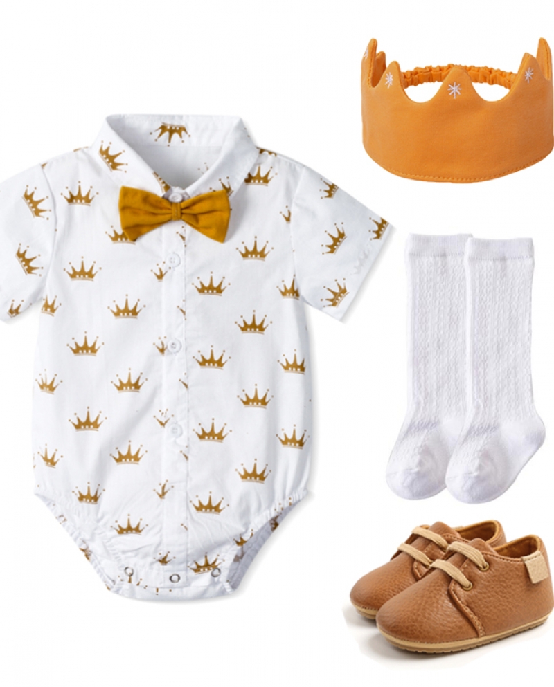 Boutique Infant Baby Boy 1st Birthday Newborn Summer Formal Cotton Exquisite Set Cute Crown Hat Shoes Socks Suit 0 18 Mo