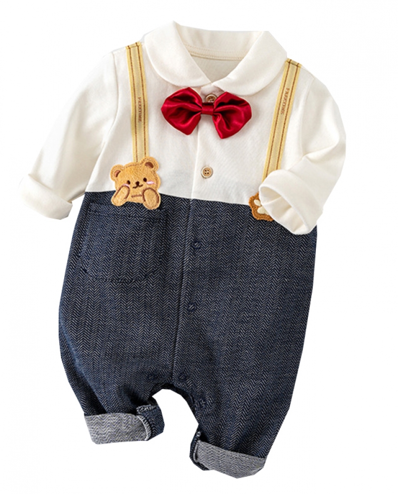 الأولاد ربيع الخريف رومبير ملابس الطفل تصميم حزام وهمية تحمل شعار التطريز الرضع لطيف زي القطن زي f