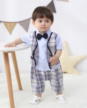 Baby Boys Romper For Newborn Cotton Fashion Suit Short Sleeve Clothes Plaid Vest Gentleman Jumpsuit First Birthday Gift 