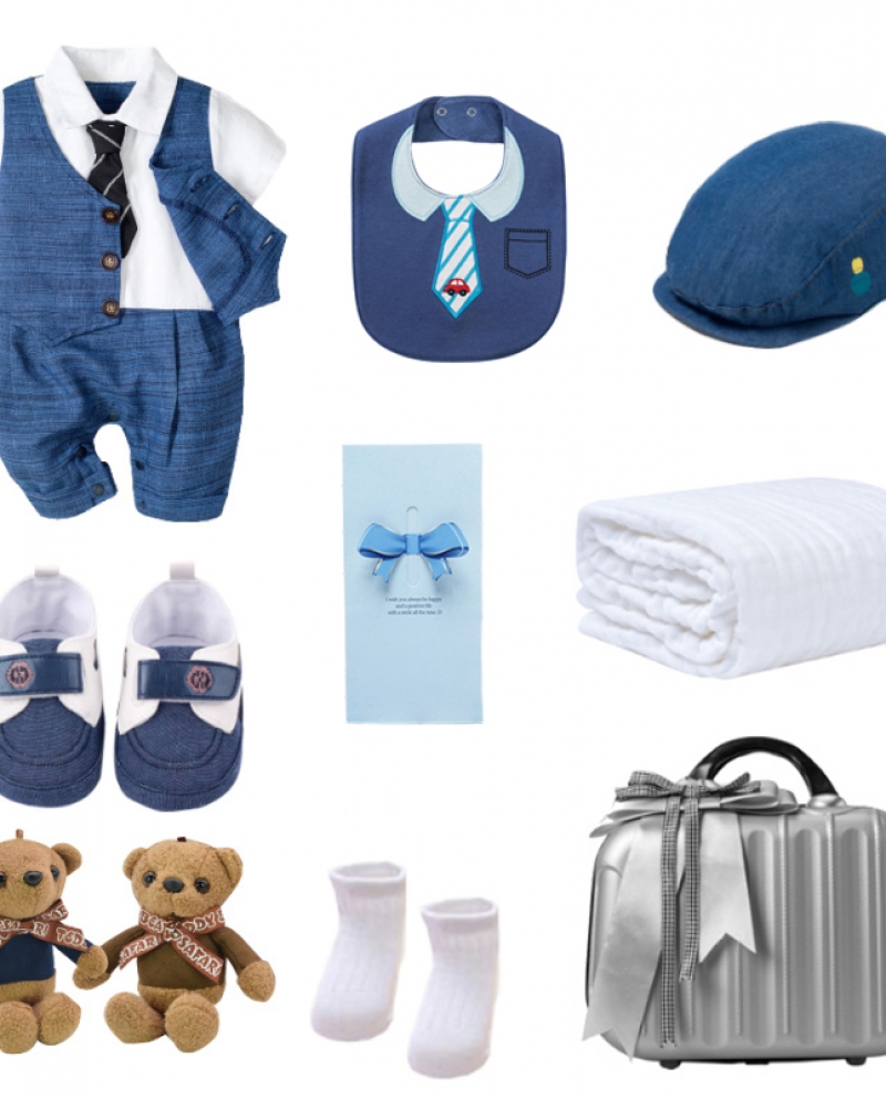 Newborn Summer Fashion Convenient Suitcase Boutique Luxury Gift Box Baby Boys Gentleman Romper Infant Birthday Gift 10 P