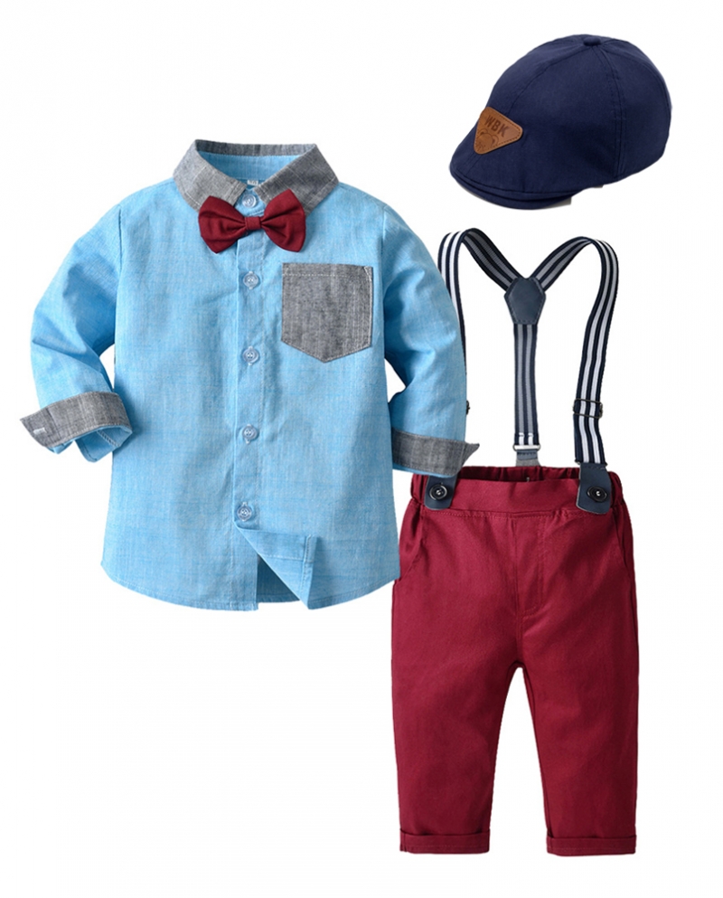 Autumn Toddler Kids Clothes Boys 4 Piece Hat Set Blue Shirt  Bow Tie  Red Pants Birthday Gift Party Dress Long Sleeves