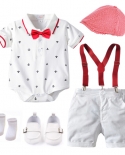 Newborn Boy Summer Baby Clothes Cotton Kids Birthday Dress White Infant Outfit Hat  Romper  Overall  Shoes  Socks 5 