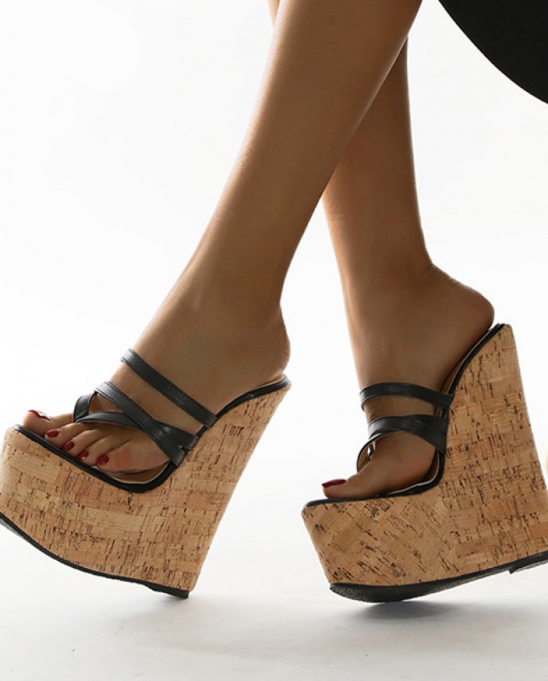 US 31.59 2022 New Super High Heels 18cm Platform Wedges Slippers Narrow Band Shoes Women Sandals Mules Summer Slippers Black 35 Description