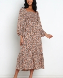 Womens Clothing Small Floral Square Collar Lantern Long-sleeved Dress