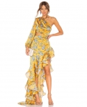 Womens Clothing Fashion Slim Bag Hip Skirt Slanted Shoulder Floral Irregular Ruffle Dress