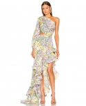 Womens Clothing Fashion Slim Bag Hip Skirt Slanted Shoulder Floral Irregular Ruffle Dress