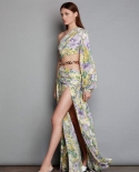 Womens Sloping Shoulder Navel Floral Skirt Temperament Ladies Irregular Swing Dress
