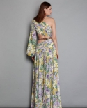 Womens Sloping Shoulder Navel Floral Skirt Temperament Ladies Irregular Swing Dress