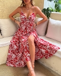 Jim  Nora  Floral Red Women Elegant V Neck Long Maxi Dresses Spaghetti Strap Split Birthday Party Even Backless Dress
