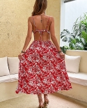 Jim  Nora  Floral Red Women Elegant V Neck Long Maxi Dresses Spaghetti Strap Split Birthday Party Even Backless Dress