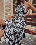 Jim  Nora Casual Vestidos Halter Sleeveless Backless  Folds Tunic Dresses Women Floral Black Midi Dress 2022 Summer Fas